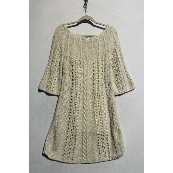 BCBGMAXAZRIA Dress Womens Medium Ivory Crochet Sweater Knit Bell Sleeve Boho - Picture 4 of 6